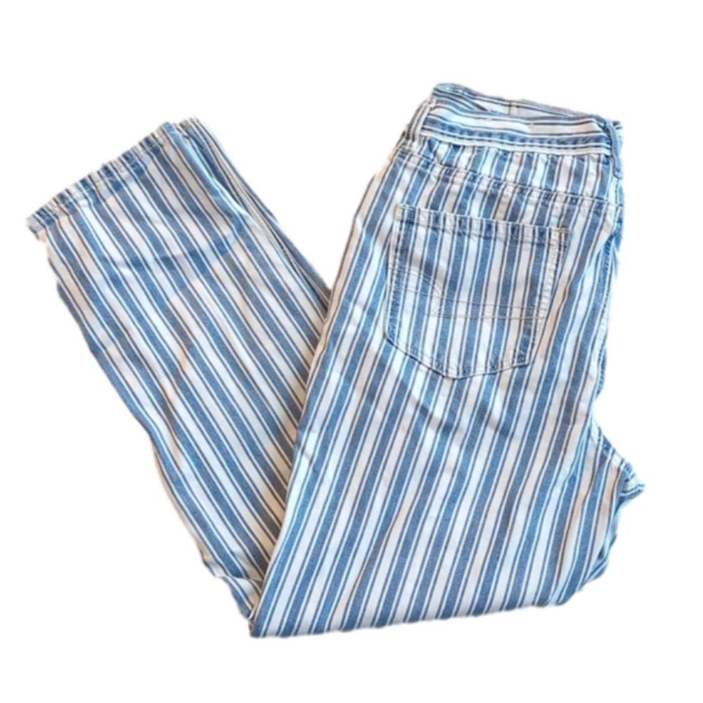 American Eagle Blue White Vertical Striped High Rise Mom Jeans Size 8 Waist 29